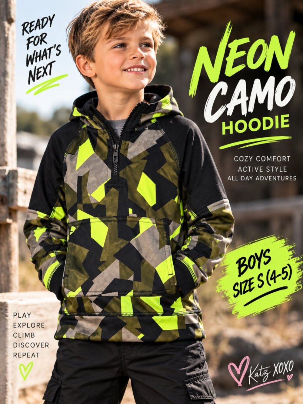 Boys S 4-5 Neon Camo Fleece Hoodie Half Zip Lined DriWorks Athletic Pullover